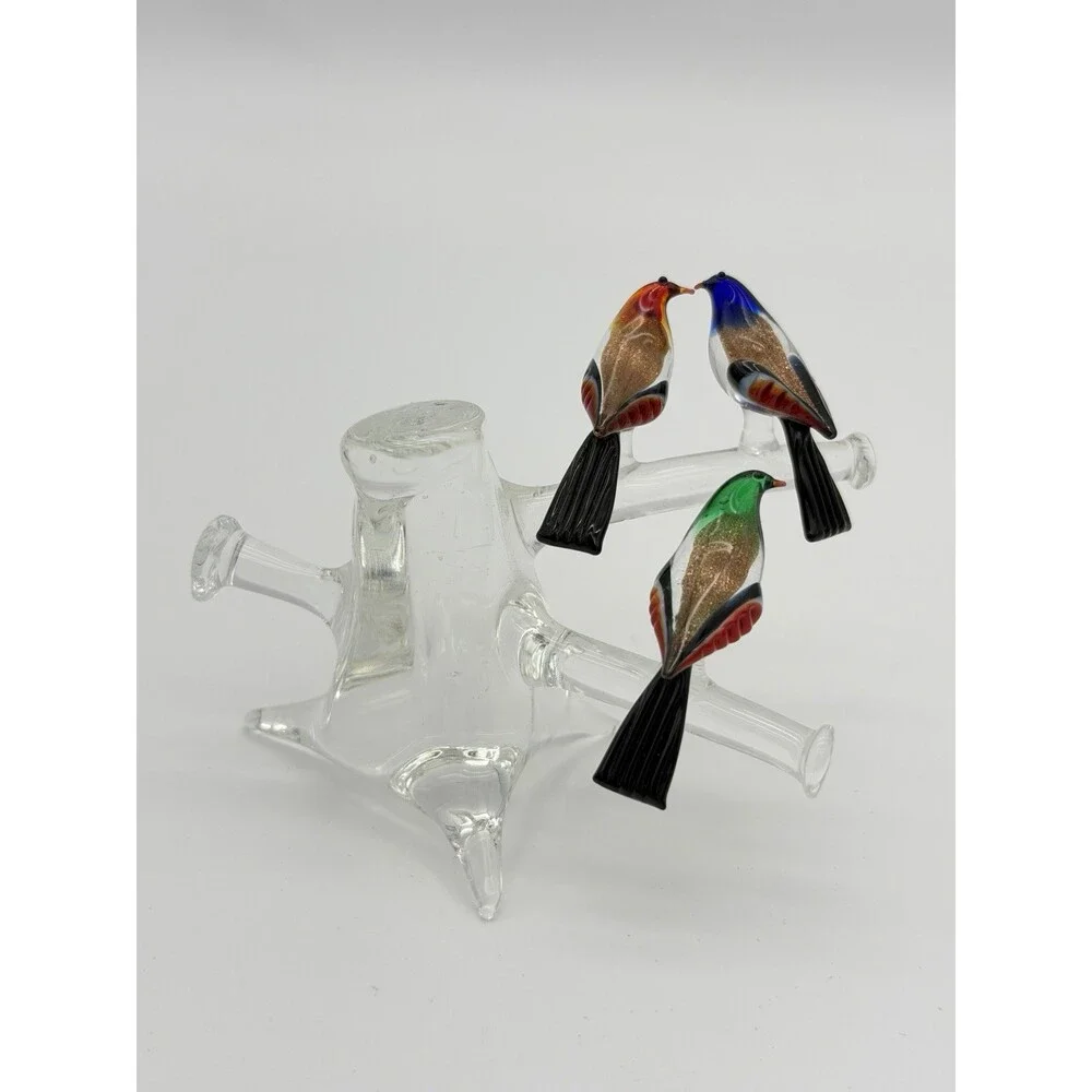 Vintage Murano Venice Italy Art Glass Birds On Branch Miniature Figurine
